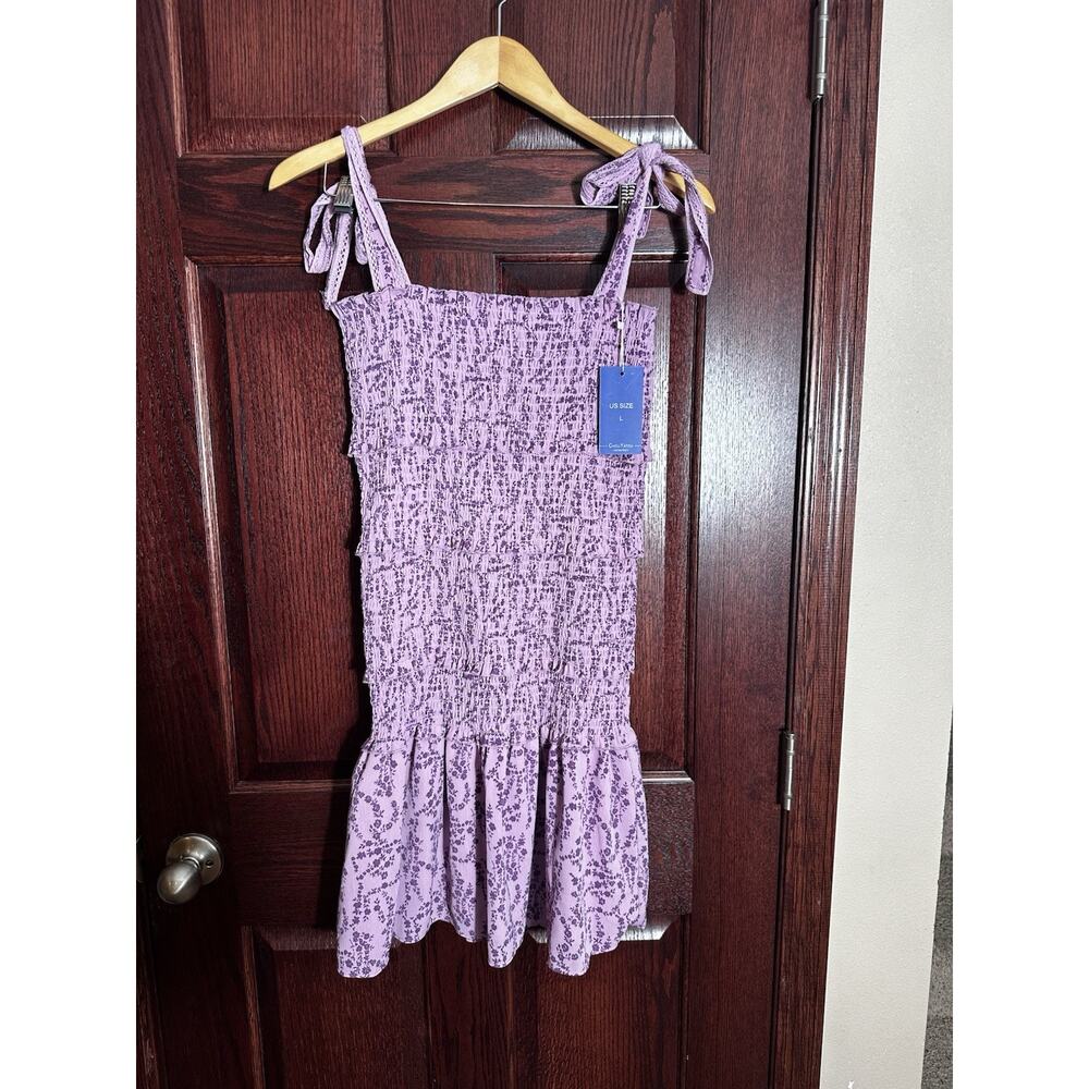 Lavender Floral Smocked Tie Shoulder Mini Dress Coquette Cottagecore NWT L